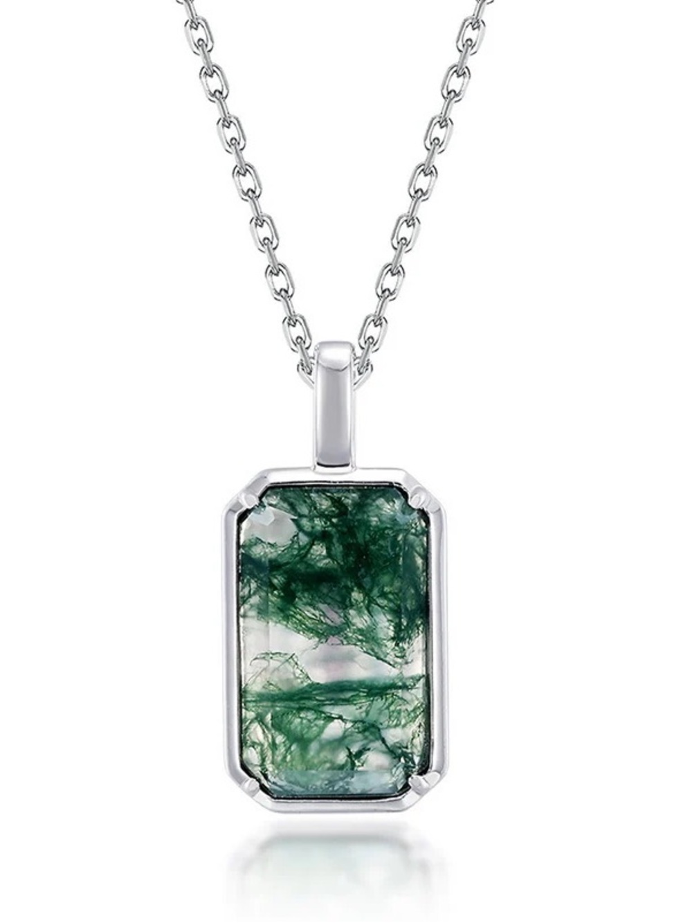 Green Moss Agate Emerald Cut Pendant Necklace - Women Sterling Silver Jewelry